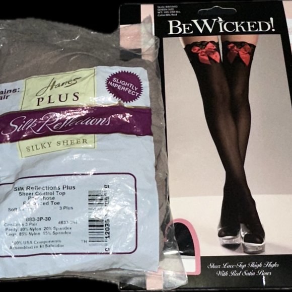 NEW 1 PLUS SZ  Valentine's Thigh Highs / 3 Pr Hanes Silk Reflections Control Top - Picture 1 of 3